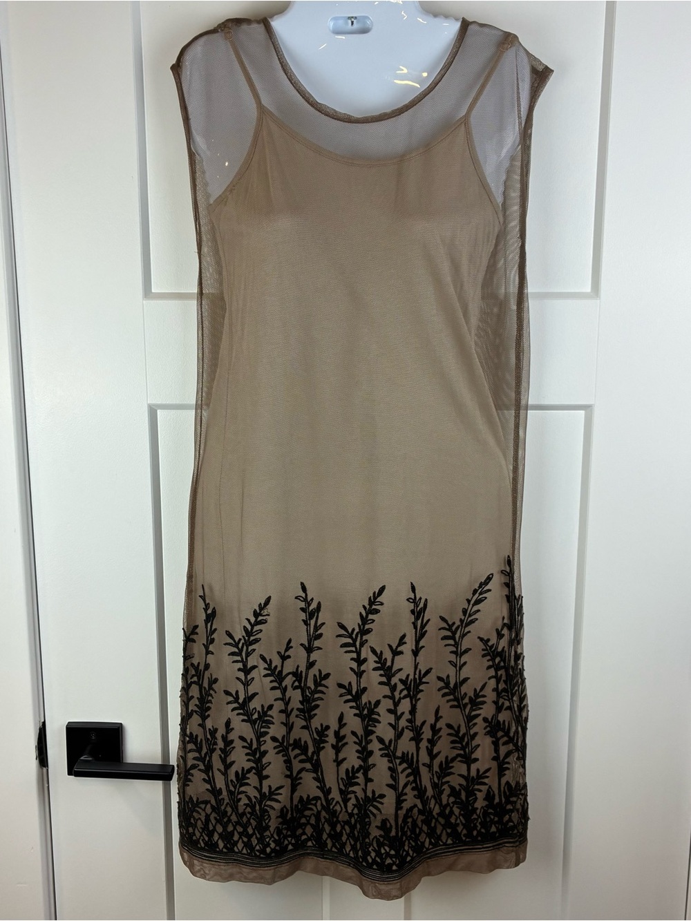 Mystree Beige Mesh Midi Slip Dress with Black Embroidered Hem Size Medium d
